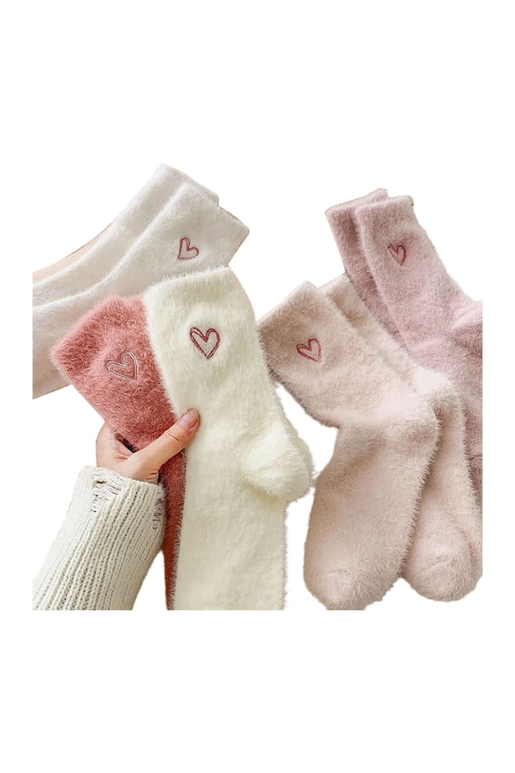 Womens Mid-Calf Socks 5-Piece Fuzzy Plush Heart Embroidery Crew Socks Warm Cute Winter Daily Comfortable Socks