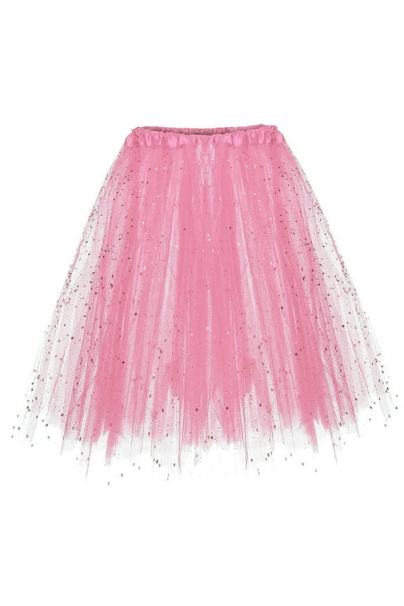 Womens Midi Skirts Elastic Waist Glitter Three Layer Tutu Skirt Carnival Party Evening Event Sparkly Half Skirts