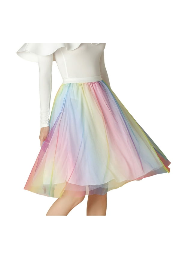 Womens Midi Skirts Elastic Waist Rainbow Tulle Skirts Carnival Party Holiday Cute Float Pleated Skirts For Lady