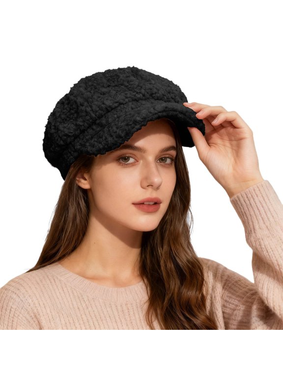 Womens Newsboy Cap Teddy Fuzzy Cabbie Hat Windproof Warm Soft Plush Winter Casual Outdoor Stylish Headwear