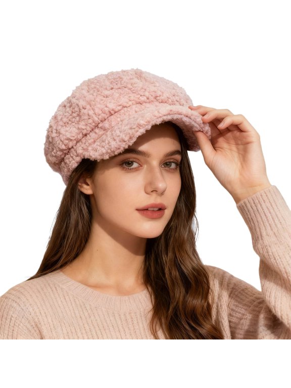 Womens Newsboy Cap Teddy Fuzzy Cabbie Hat Windproof Warm Soft Plush Winter Casual Outdoor Stylish Headwear