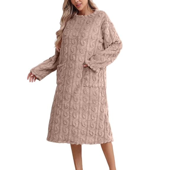 Yuanlong Womens Nightgown Fuzzy Cable Knit Long Sleeve Crewneck Sleep Dress Cold Nights & Home Wear Warm Cozy Loungewear