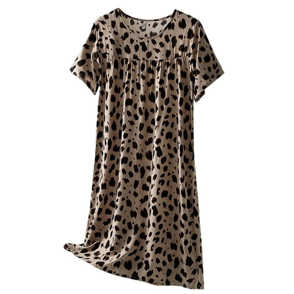 Yuanlong Womens Nightgown Leopard Print Crewneck Short Sleeve Sleep Dress Summer Spring Cool Loungewear Trendy Nightshirts