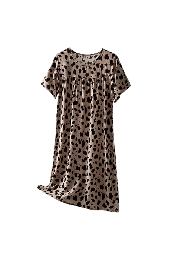 Womens Nightgown Leopard Print Crewneck Short Sleeve Sleep Dress Summer Spring Cool Loungewear Trendy Nightshirts