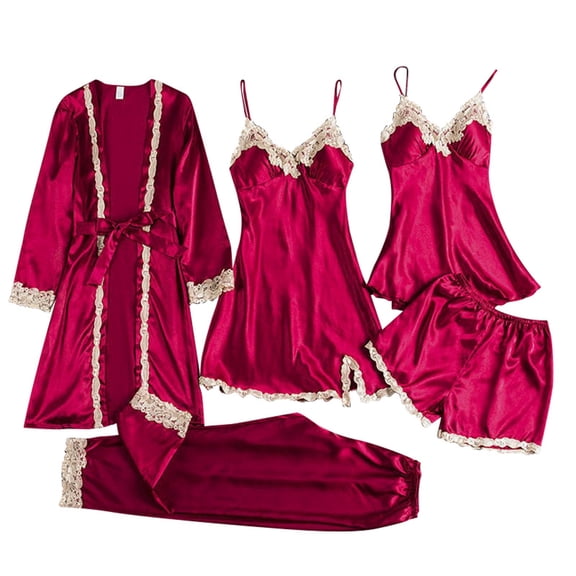 Yuanlong Womens Nightgown Set Satin Lace Trim Sleep Dress   Robe   Vest   Pants   Shorts 5Pcs Sleepwear Daily & Evening Comfort Pjs