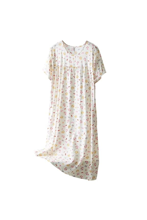 Womens Nightgown Short Sleeve Floral & Bow Pattern Sleep Dress Cute Sleepshirts For Cozy Home & Daily Loungewear