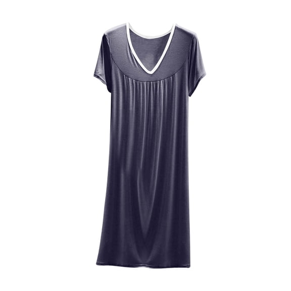 Yuanlong Womens Nightgown Short Sleeve Plain V-Neck Pajama Dress Spring Summer Indoor Evening Loose Loungewear For Ladies
