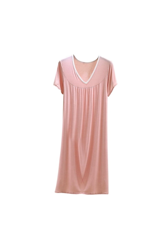 Womens Nightgown Short Sleeve Plain V-Neck Pajama Dress Spring Summer Indoor Evening Loose Loungewear For Ladies