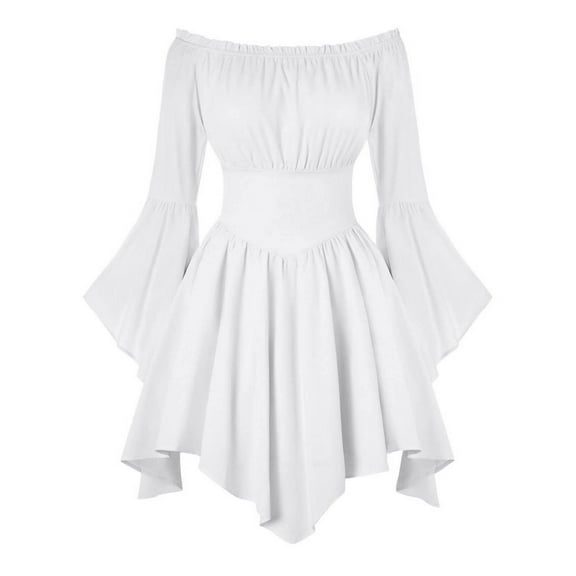 Yuanlong Womens Off-The-Shoulder Dresses Flare Sleeve Waist-Cinching Asymmetrical Hem Mini Gown For Valentine Dates Wear