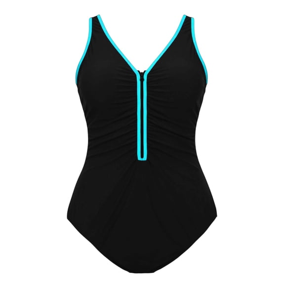 Yuanlong Womens One Piece Swimsuits Contrast Bodycon Zip Front Elastic Full Bathing Suit Surfing Resort Photoshoot Swimwear