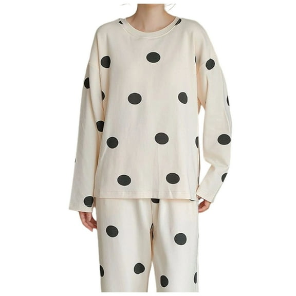 Yuanlong Womens Pajama Set 2-Piece Crew Neck Long Sleeve Top & Pants Polka Dot Print Homewear Comfortable Oversized Spring Nightwear
