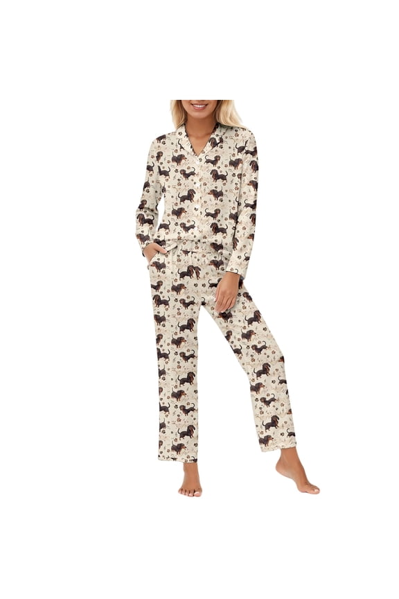 Womens Pajama Set 2-Piece Long Sleeve Button Collar Shirts & Pants Dogs Pattern Homewear Cute Comfortable Daily Loungewear