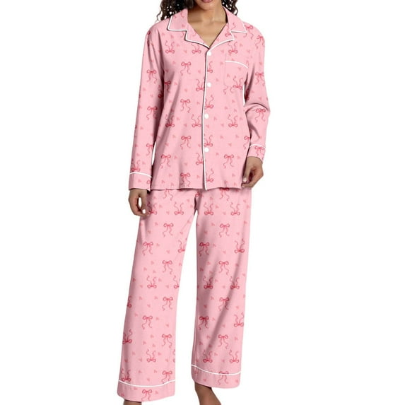Yuanlong Womens Pajama Set 2-Piece Long Sleeve Collared Shirt & Pants Bow Sleepwear Comfort Nightwear For Valentine Cozy Nights Wear
