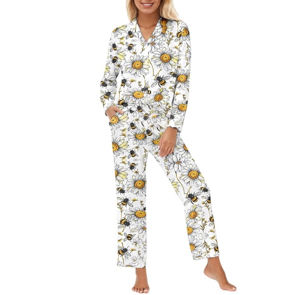 Yuanlong Womens Pajama Set 2-Piece Long Sleeve Shirt & Pants Floral Bee Print Sleepwear Spring Summer Pastoral Fresh Soft Pjs For Lady