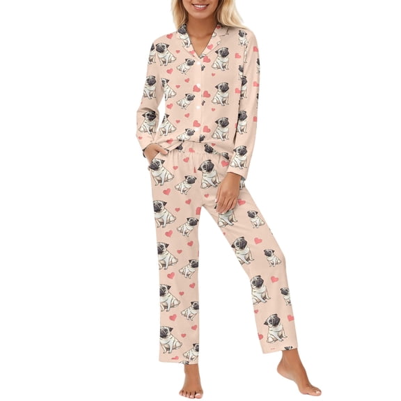 Yuanlong Womens Pajama Set 2-Piece Long Sleeve Shirts & Pants Pug & Heart Pattern Lounge Sets Spring Funny Comfortable Home Nightwear