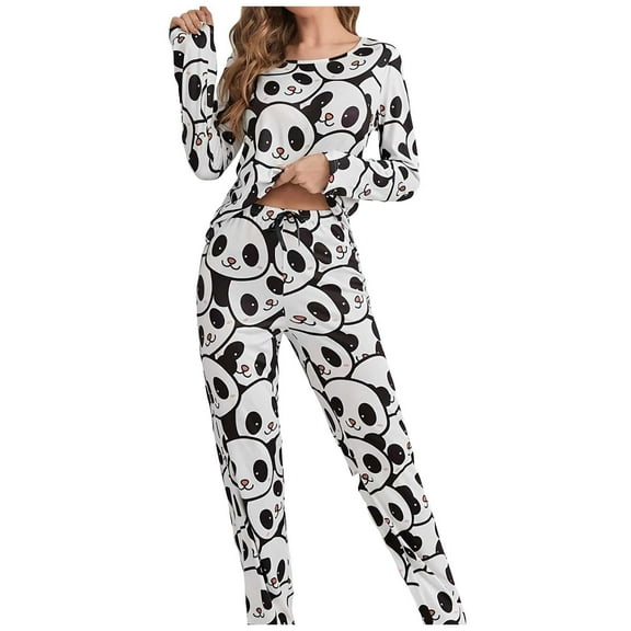 Yuanlong Womens Pajama Set 2-Piece Long Sleeve Tops & Pants White Black Panda Pattern Sleepwear Spring Home Cute Comfort Loungewear