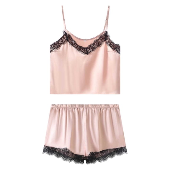 Yuanlong Womens Pajama Set 2-Piece Spaghetti Strap Tank & Shorts Plain With Black Lace Trim Pjs Summer & Valentine Romantic Sleepwear