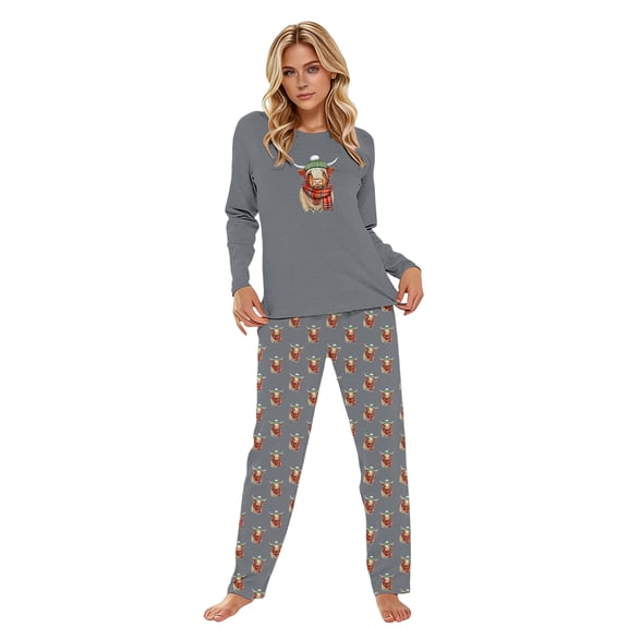 Yuanlong Womens Pajama Set 2Pcs Long Sleeve Crewneck Top And Pants Cute Calf Pattern Sleepwear Home Soft Cozy Loungewear