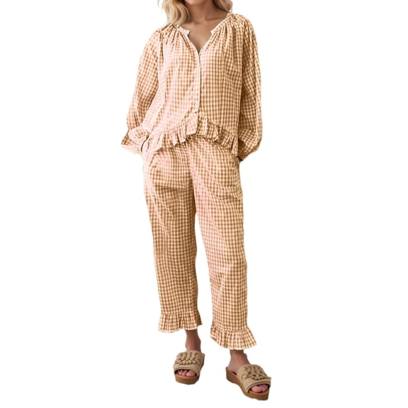 Yuanlong Womens Pajama Set 2Pcs Long Sleeve Ruffled V-Neck Shirt & Pants Plaid Pattern Homewear Spring Summer Retro Comfortable Pjs