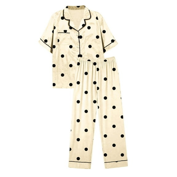 Yuanlong Womens Pajama Set 2Pcs Short Sleeve Shirt & Pants Black Polka Dot Print Beige Pjs Summer Valentine Classic Stylish Loungewear