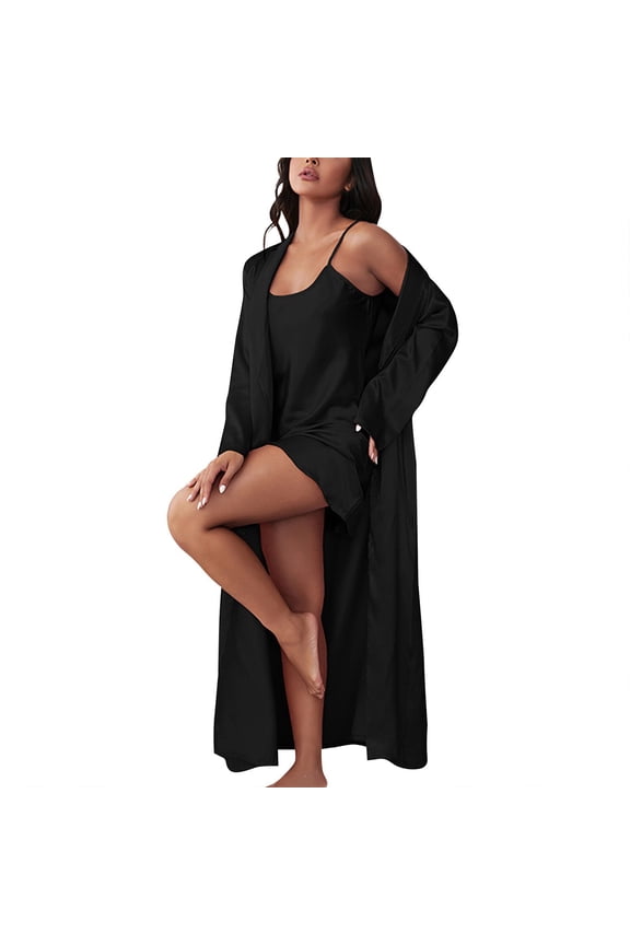 Womens Pajama Set 3-Piece Spaghetti Strap Dress & Long Robe Beige Satin Loungewear Valentine'S Day Spring Elegant Nightwear