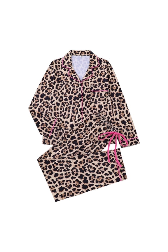 Womens Pajama Set Leopard Print With Pink Trim Lounge Sets Shirts And Drawstring Pants 2-Piece Nightwear For Valentine Spring