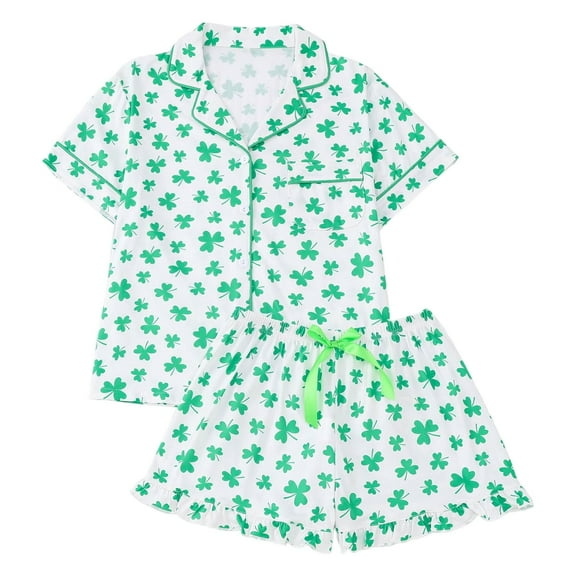 Yuanlong Womens Pajama Set Short Sleeve Buttoned Clover Print Shirt & Shorts Sleepwear Valentine Night Cute Breathable Loungewear