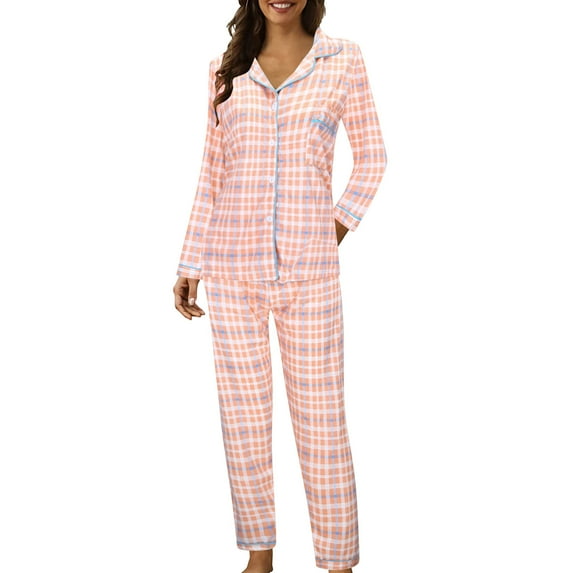 Yuanlong Womens Pajama Sets 2 Pcs Plaid Sleepwear Suit - Turn-Down Collar Long Sleeved Pant, Loose Nightwear With Pocket, Pink