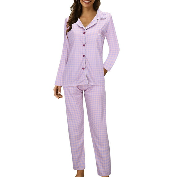Yuanlong Womens Pajama Sets 2 Piece Plaid Sleepwear - Turn-Down Collar Long Sleeved Pant, Loose Nightwear With Pocket, Purple