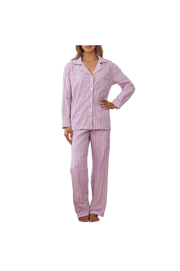 Womens Pajama Sets Button Down Turn-Down Collar Long Sleeve Tops & Pants Gingham Print Lounge Set Spring Home Ladies Sleepwear With Pockets