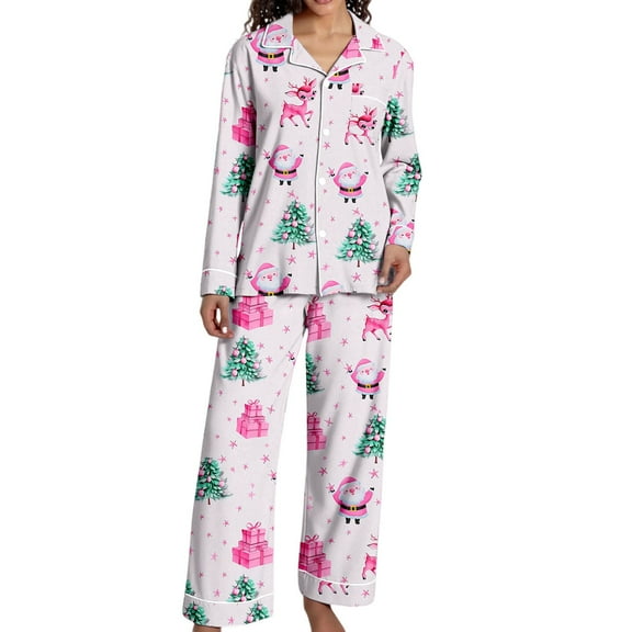 Yuanlong Womens Pajama Sets Christmas Reindeer Santa Print Long Sleeve V-Neck Tops & Pants 2-Piece Pj Set Daily Loungewear Lady Sleepwear With Pocket