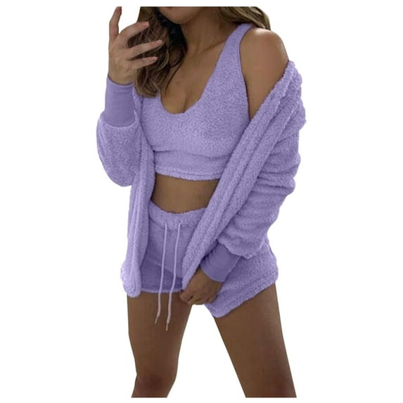 Yuanlong Womens Pajama Sets Plush Plain Cardigan Suspenders Shorts 3-Piece Sleepwear Home Clothes Soft Comfort Nightwear