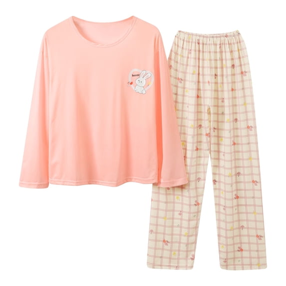 Yuanlong Womens Pajama Sets Long Sleeve Crew Neck Rabbit Pattern Shirt & Plaid Trouser Sleepwear Set Spring Fall Loungewear Ladies Cute Nightwear