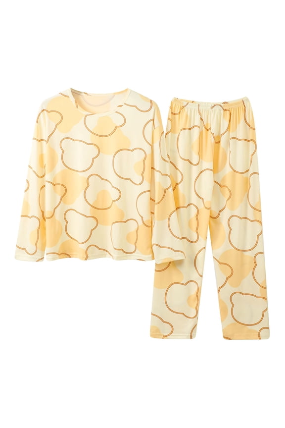 Womens Pajama Sets Long Sleeve Round Neck Shirt & Wide Leg Pants Block Color Sleepwear Set Spring Autumn Loungewear Comfortable Nightwear