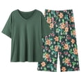 thumbnail image 1 of Yuanlong Womens Pajama Sets Oversized Green V Collar Short Tops And Floral Graphic Cropped Pants Lounge Sets Casual Loungewear Ladies Soft Sleepwear, 1 of 8