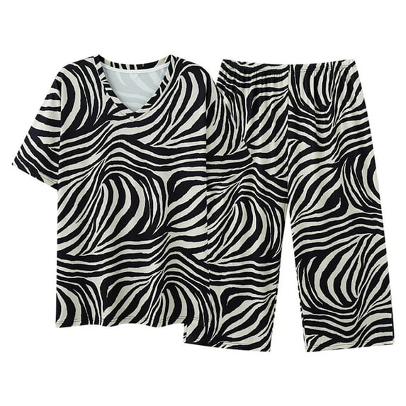 Yuanlong Womens Pajama Sets Plus V-Neck Short Tops Cropped Pants Zebra Striped Print 2 Piece Pajamas Set Summer Daily Homewear Ladies Soft Nightwear