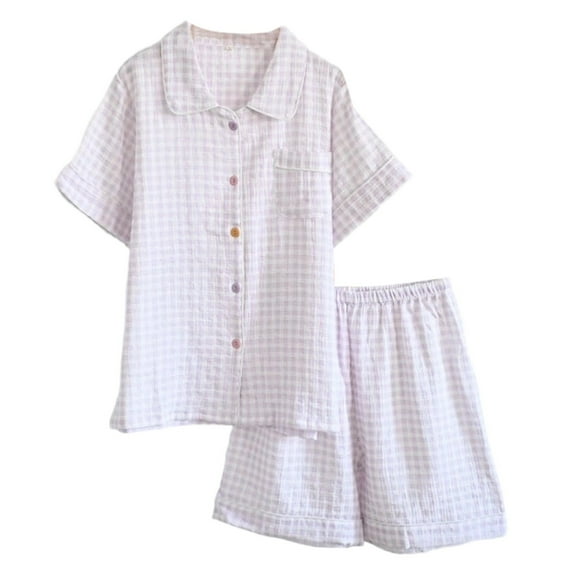 Yuanlong Womens Pajama Sets Summer Dreamy Plaid Double Crepe Pajamas Lapel Short Sleeves Shorts Sleepwear Set With Pocket