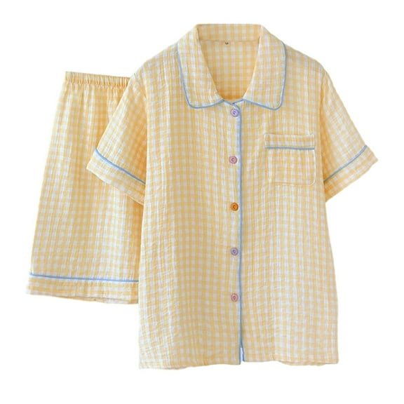 Yuanlong Womens Pajama Sets Summer Dreamy Plaid Double Crepe Pajamas Lapel Short Sleeves Shorts Sleepwear Set With Pocket