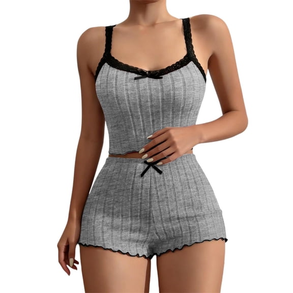Yuanlong Womens Pajama Sets Summer Sleeveless Lace Trim Vest   Bow Shorts Nightwear Set Relaxed Loungewear Lady Breathable Sleepwear