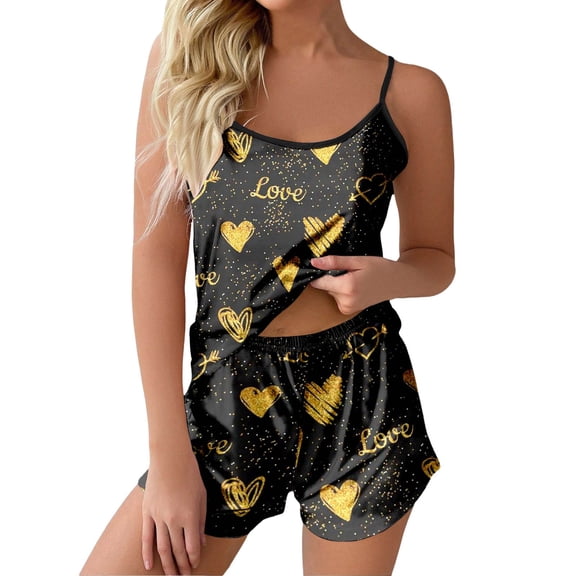 Yuanlong Womens Pajamas Set 2-Piece Spaghetti Strap Vest & Shorts Red Love Heart Print Nightwear Valentine Nights Comfortable Sleepwear