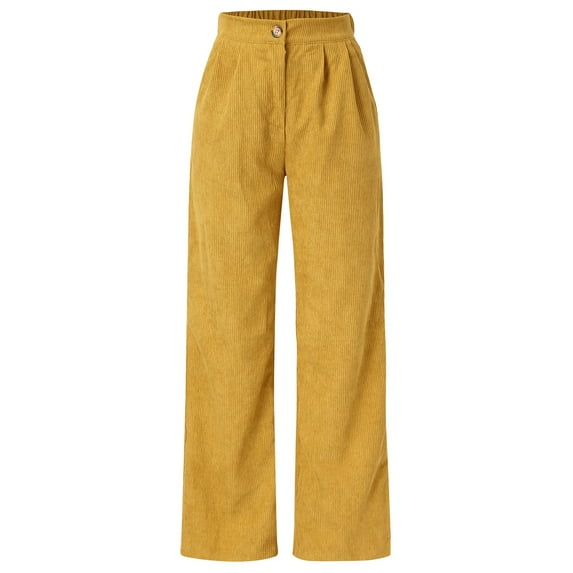Yuanlong Womens Pants Button High Waist Straight Wide Leg Plain Trousers Autumn Winter Daily Relaxed Fit Corduroy Pants