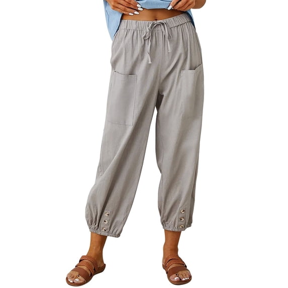 Yuanlong Womens Pants Capri Pants Loose Elastic Drawstring Waist Button Minimal Lightweight Summer Vacation Travel Trousers