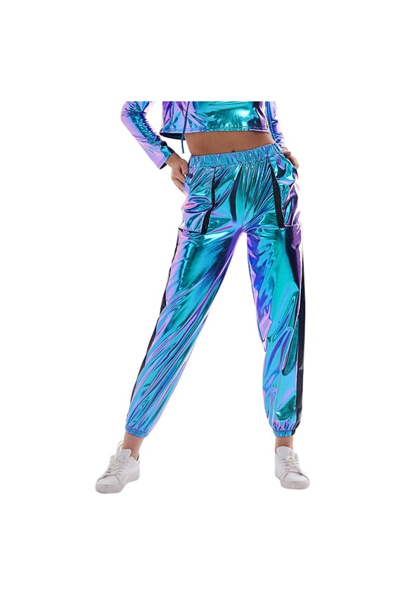 Womens Pants Carnival Faux PU Elastic Waist Tapered Leg Trousers Party Rave Eye-Catching Fashion Lady Punk Pant