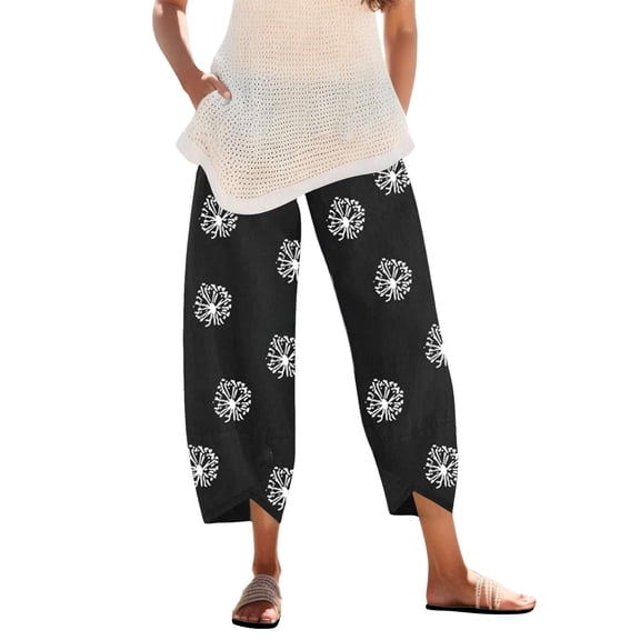 Yuanlong Womens Pants Cotton And Linen Flower Graphic Elastic Waisted Loose Ankle Pant Summer Relaxed Buttom Cropped Pant