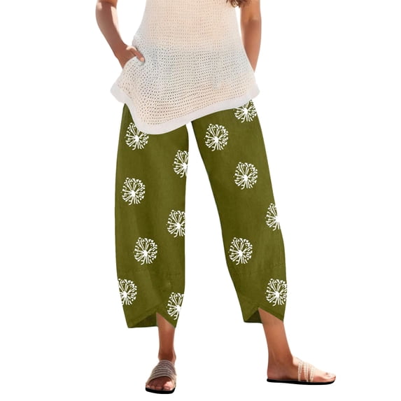 Yuanlong Womens Pants Dandelion Print Elastic Waist Lightweight Loose Fit Trousers Wrap Split Hem Casual Vacation Travel Pants