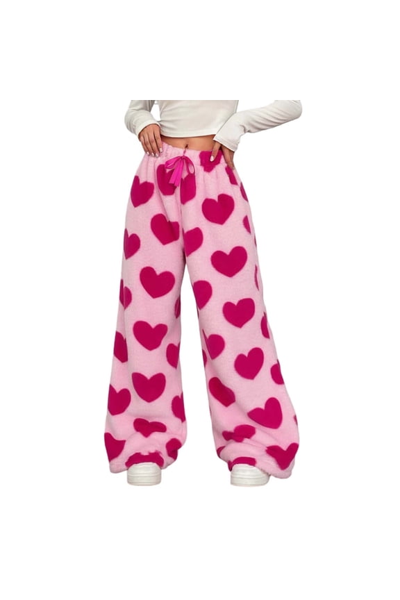 Womens Pants Drawstring Elastic Waist Heart Pattern Wide Leg Lined Pants Winter Holiday Comfort Relaxed Ladies Trousers