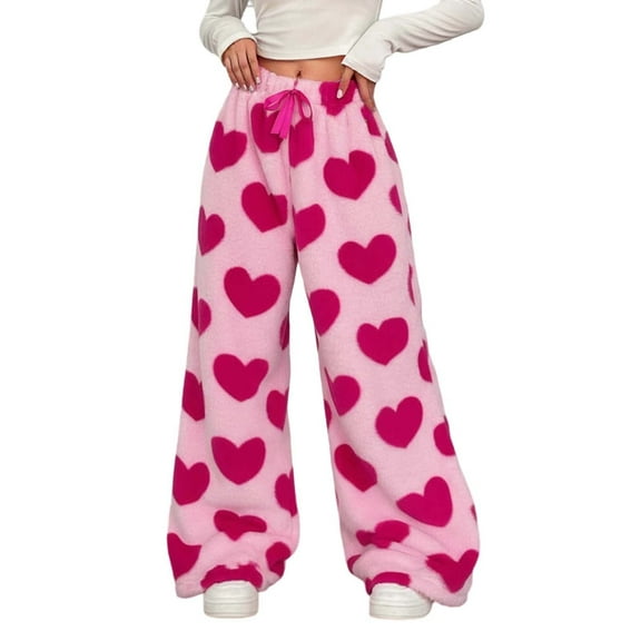 Yuanlong Womens Pants Drawstring Elastic Waist Heart Pattern Wide Leg Lined Pants Winter Holiday Comfort Relaxed Ladies Trousers