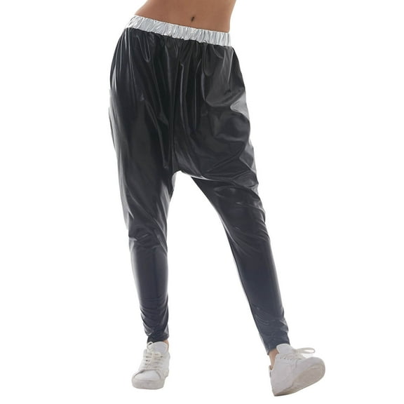 Yuanlong Womens Pants Elastic Waist Patent Leather Drop Crotch Pants Streetwear Stylish Carnival Wear Eye-Catching Trousers