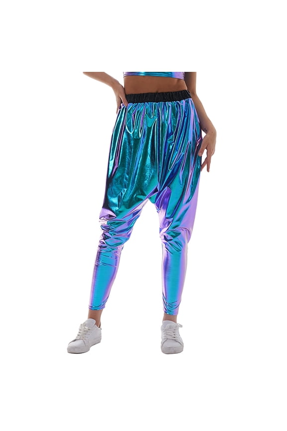Womens Pants Elastic Waist Patent Leather Drop Crotch Pants Streetwear Stylish Carnival Wear Eye-Catching Trousers