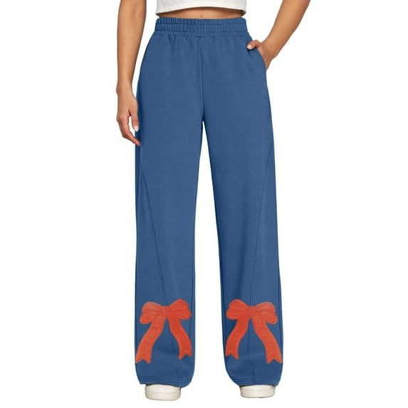 Yuanlong Womens Pants Fashion Bow Embroidered Smoked High Waist Sweatpants Daily Outings Oversized Trousers With Pockets